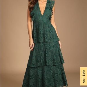 Lulu’s Forest Green Lace Ruffled Tiered Sleeveless Maxi Dress